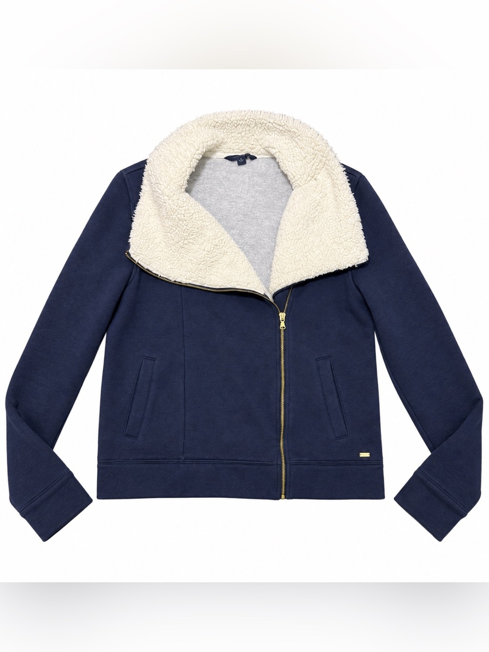 Tommy Hilfiger Navy Blue Sherpa Collar Zip Jacket Gold Hardware L